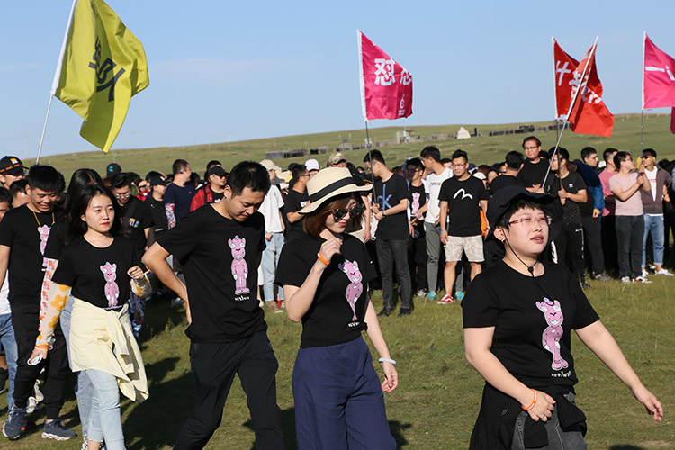 大家到達(dá)草原后排隊(duì)去看馬術(shù)表演